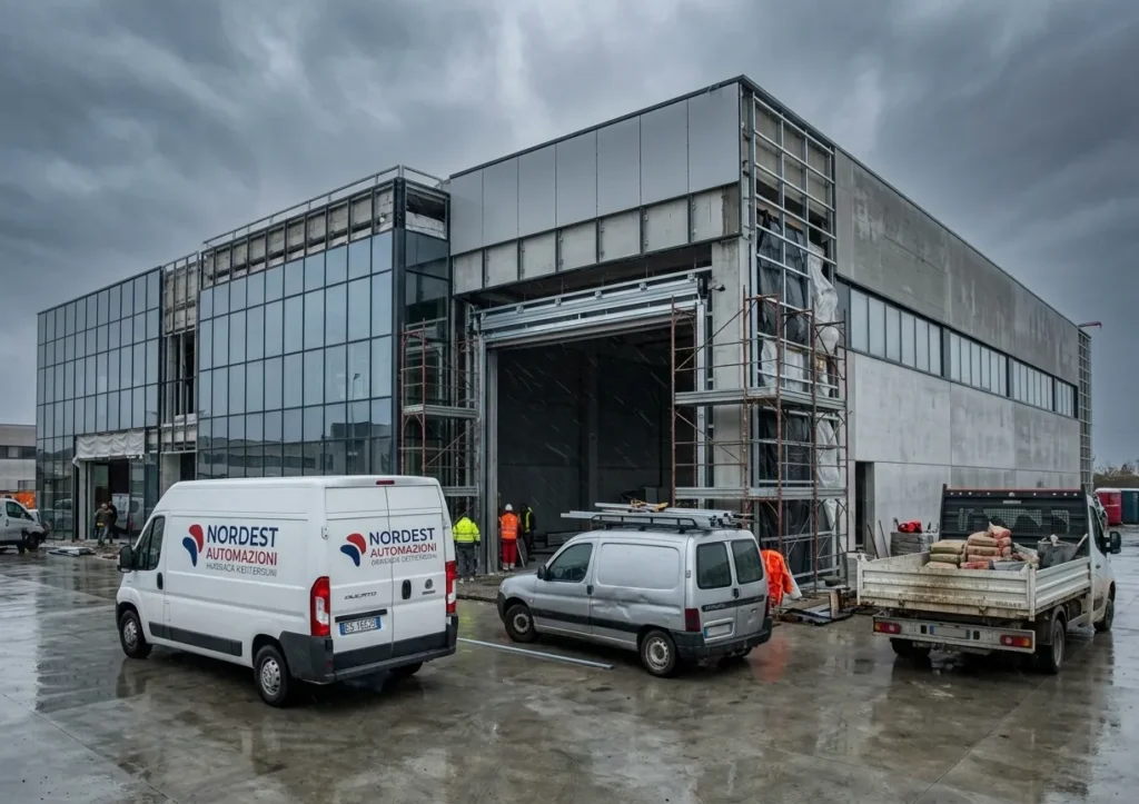 Nell'immagine si vede un edificio industriale in fase di completamento edile. C'è ancora un grande varco che deve essere chiuso con una porta industriale.